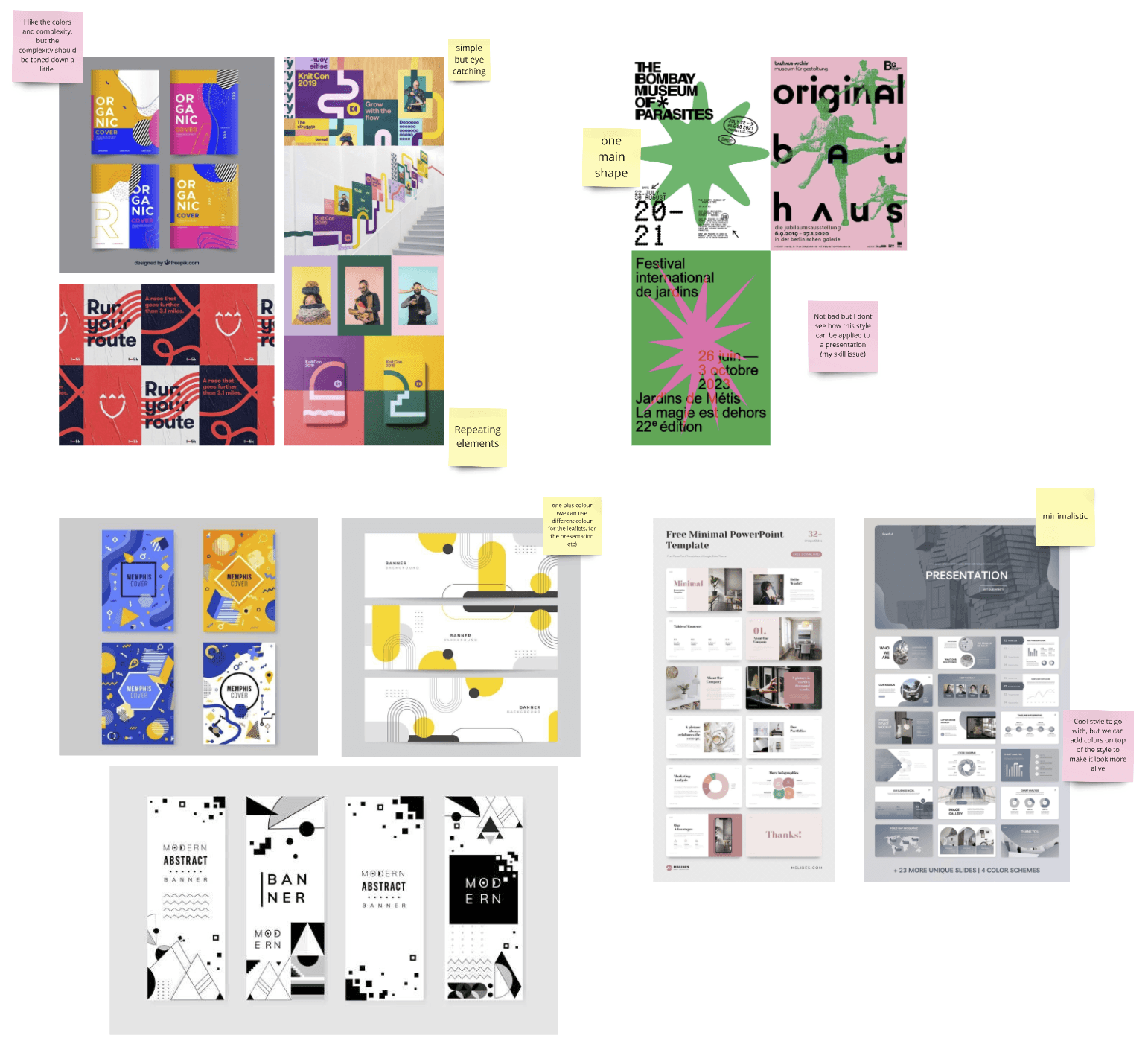 Moodboard of colourful geometric posters from each team member