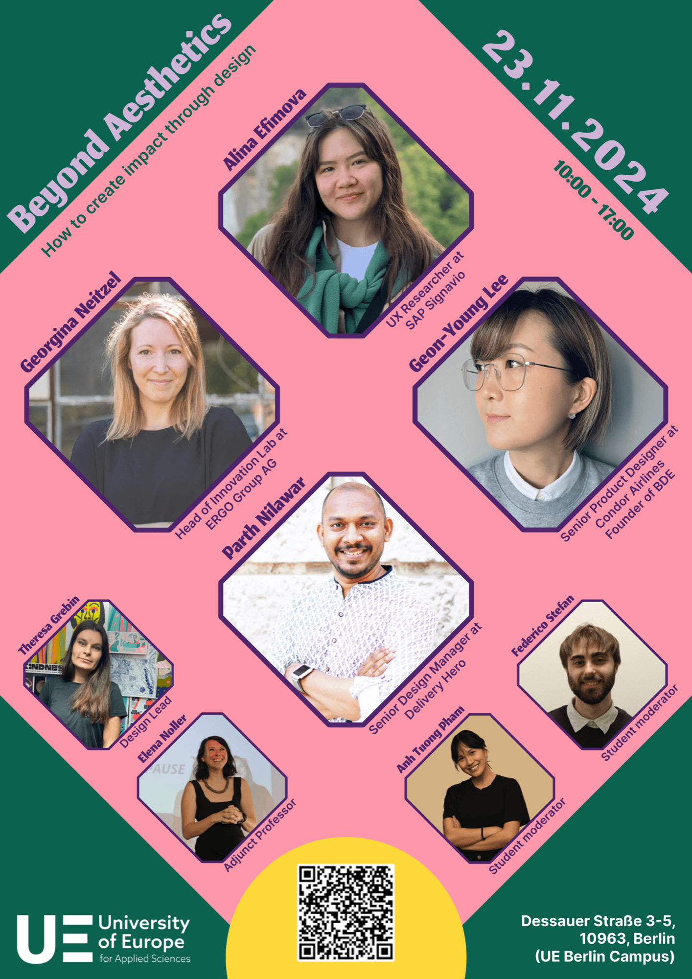 Conference poster with all speakers and a QR code