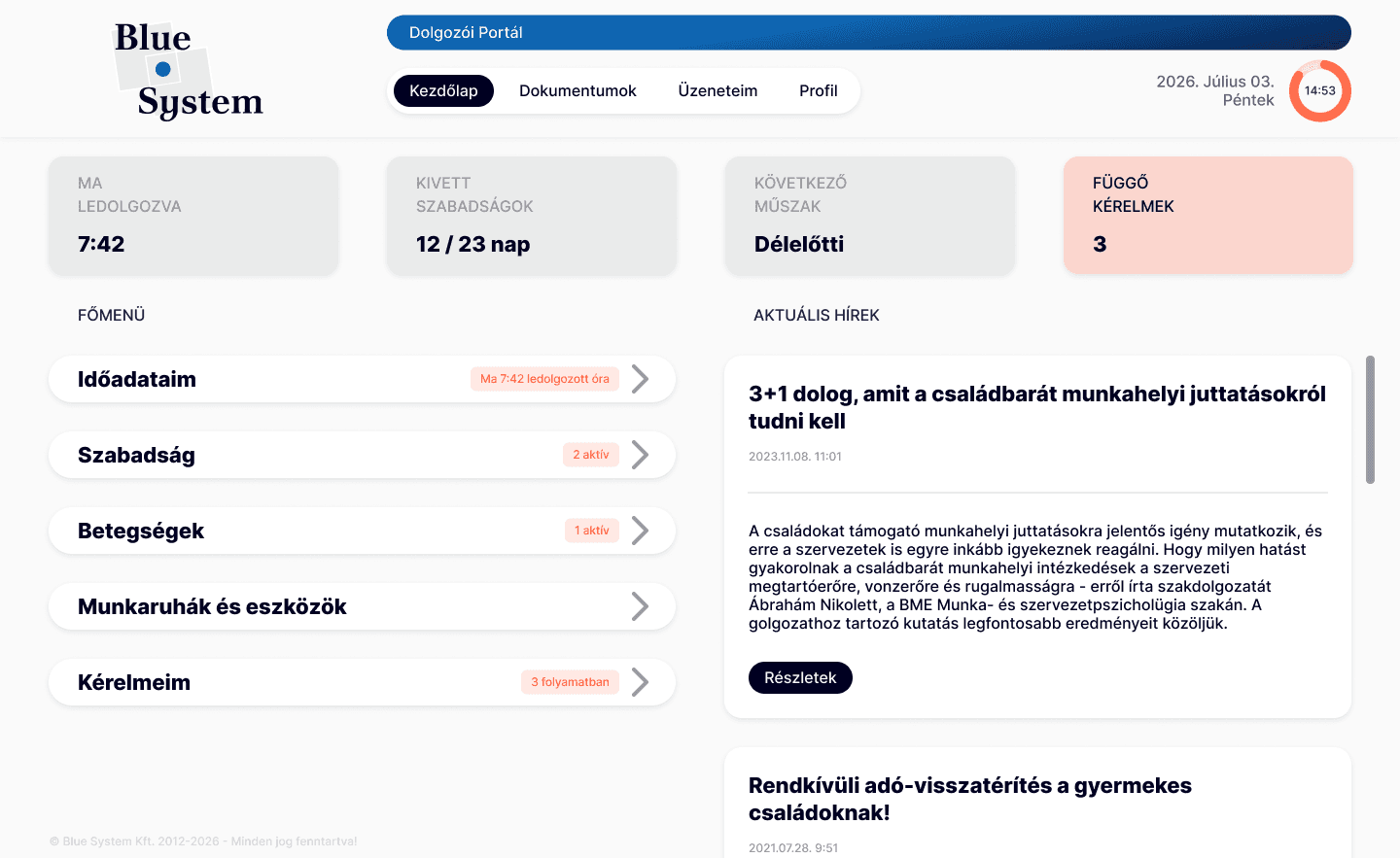 Blue System employee portal home screen