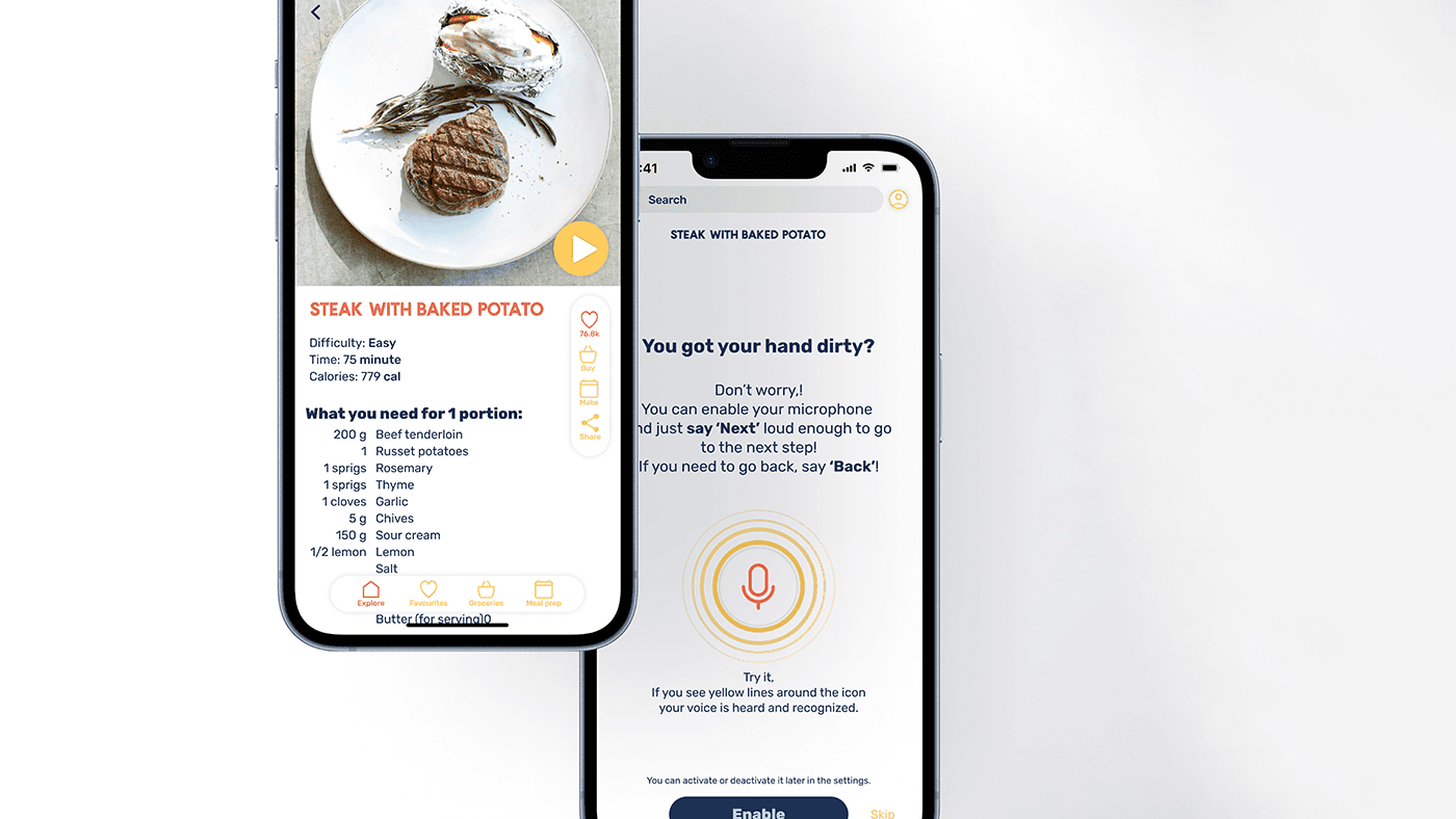 ChefMate recipe and voice control screens on two phones