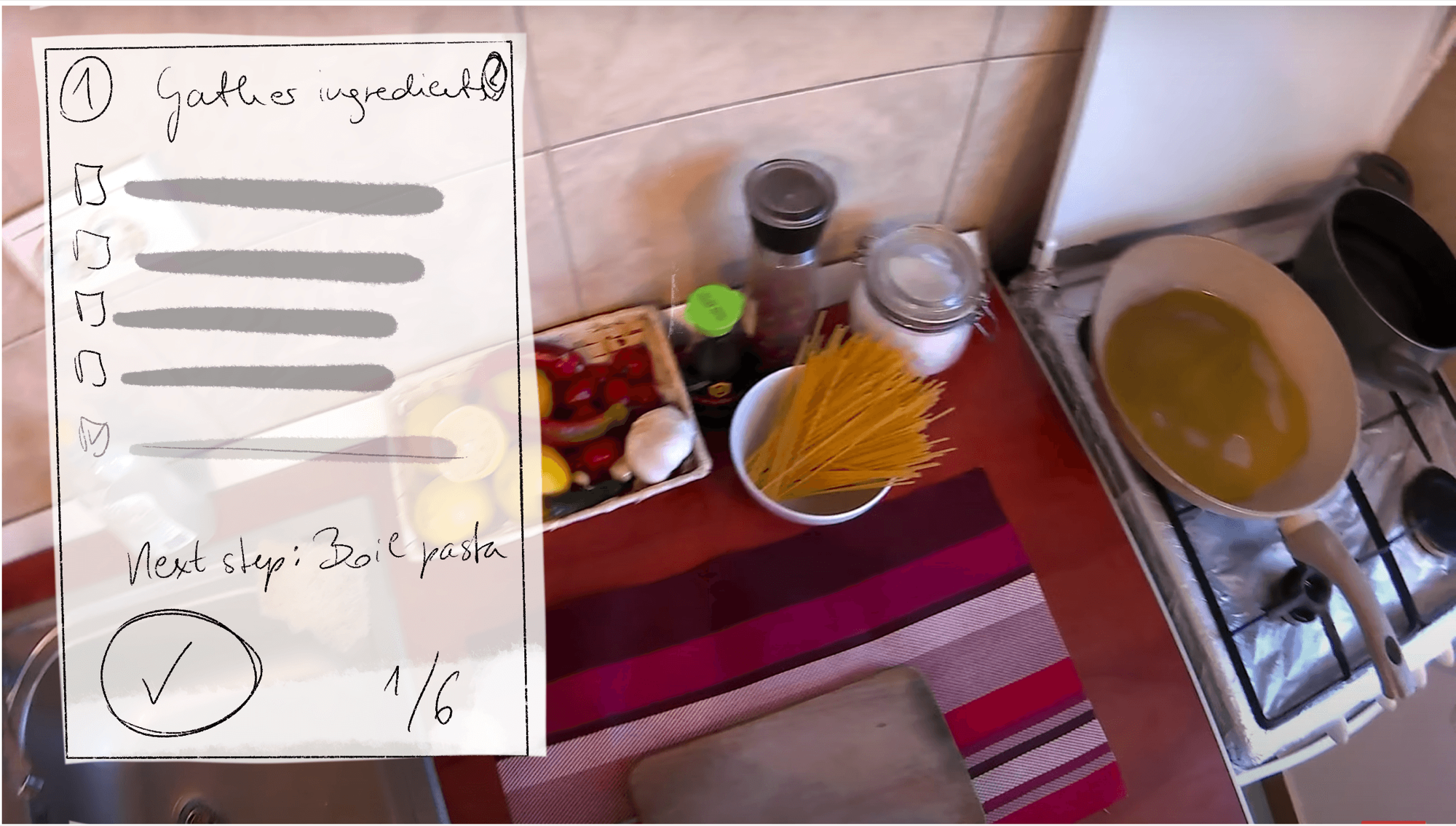 Sketch of the ingredient step drawn over a photo of a real kitchen