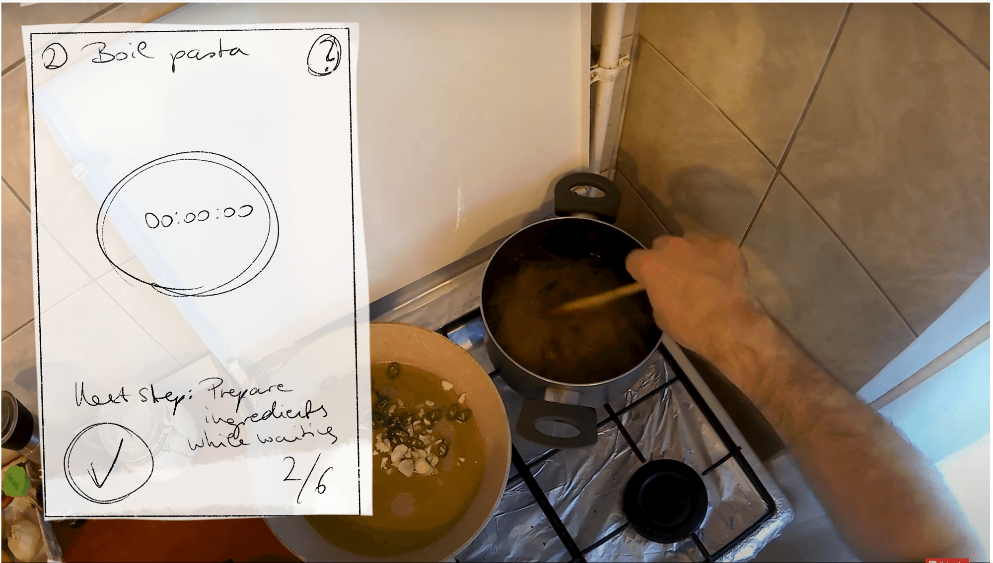 Sketch of a timer step drawn over a photo of a pot on the stove