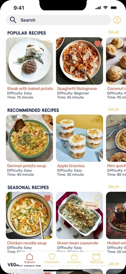 Explore page with popular, recommended and seasonal recipes