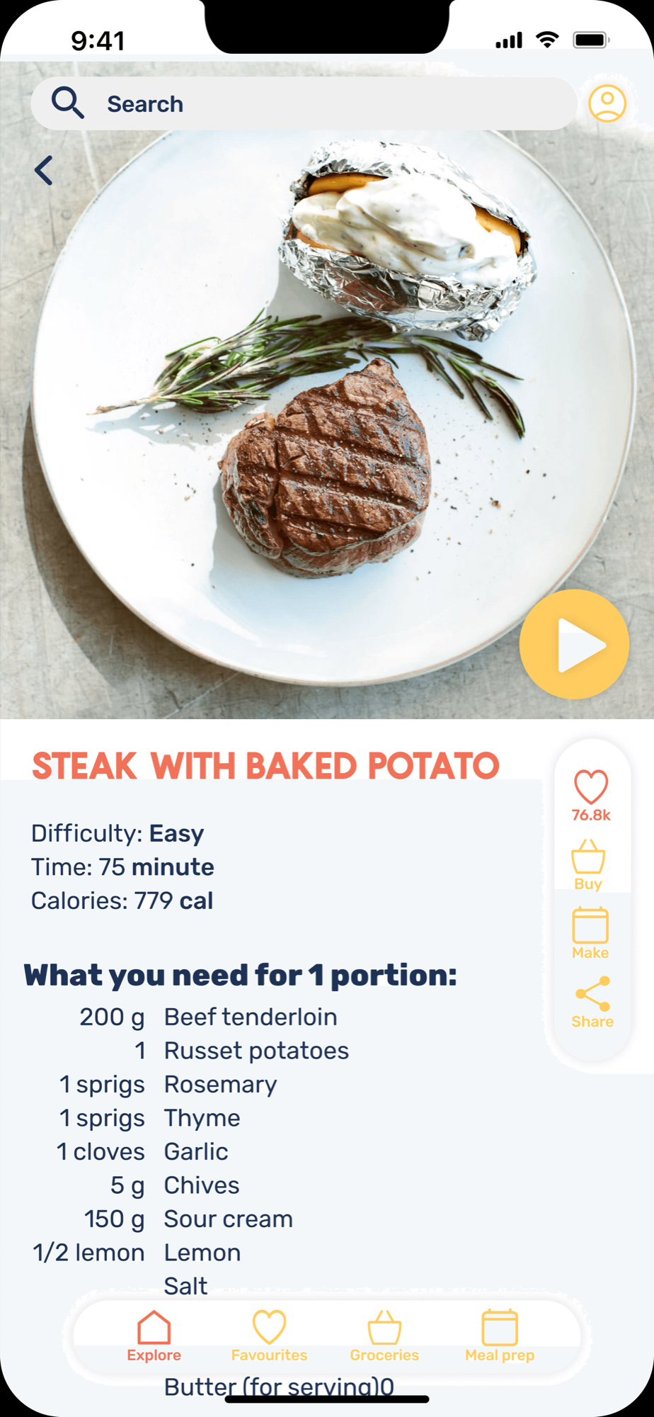 Recipe page for steak with baked potato