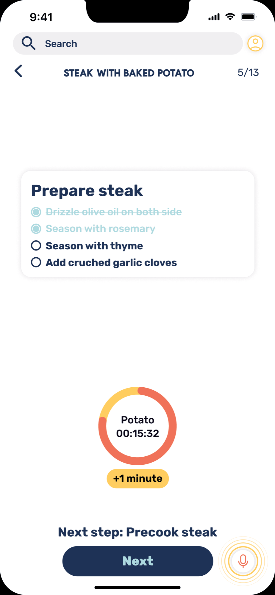 Cooking step with a running timer