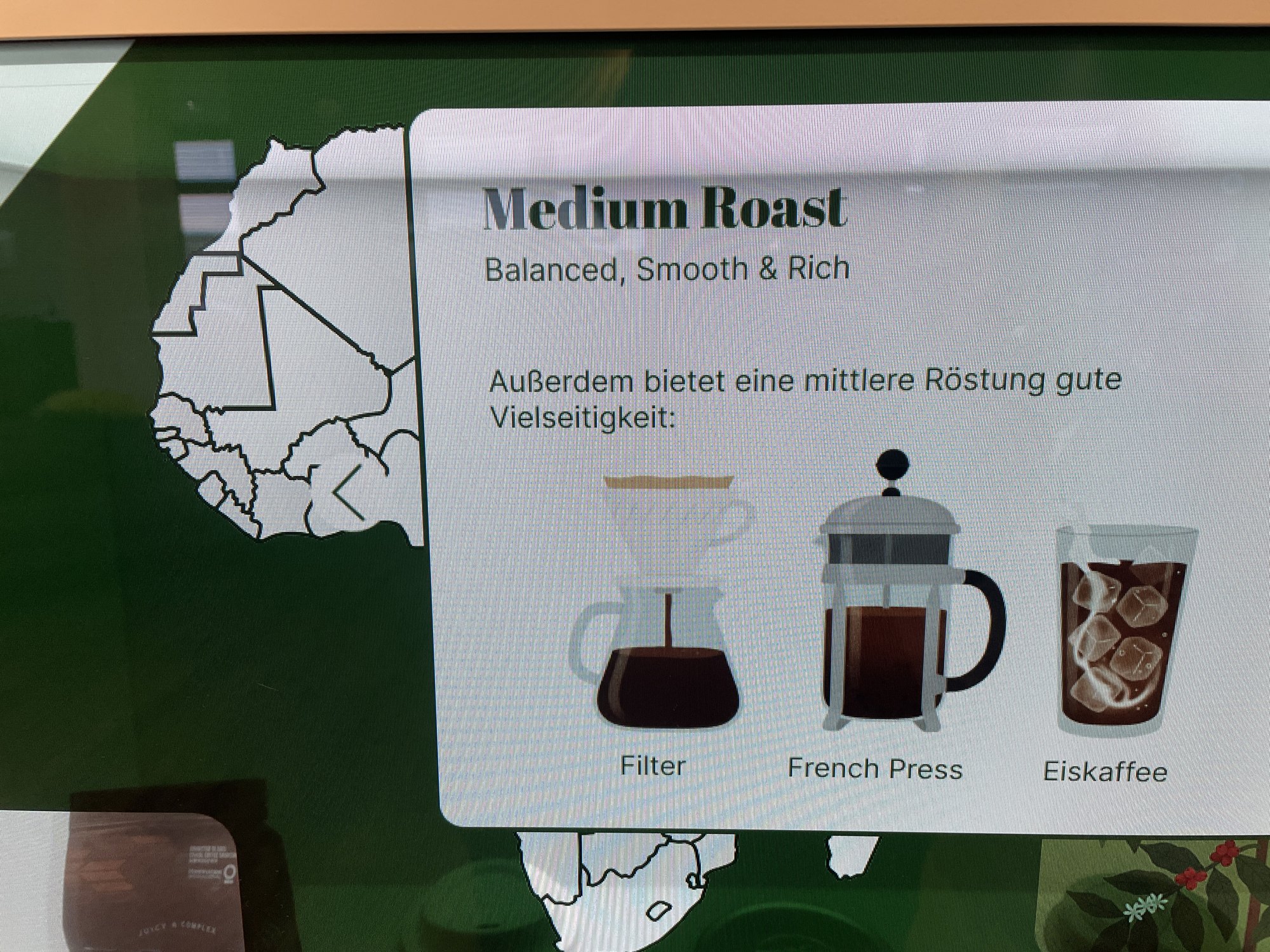 Close-up of a medium roast info card with brewing methods