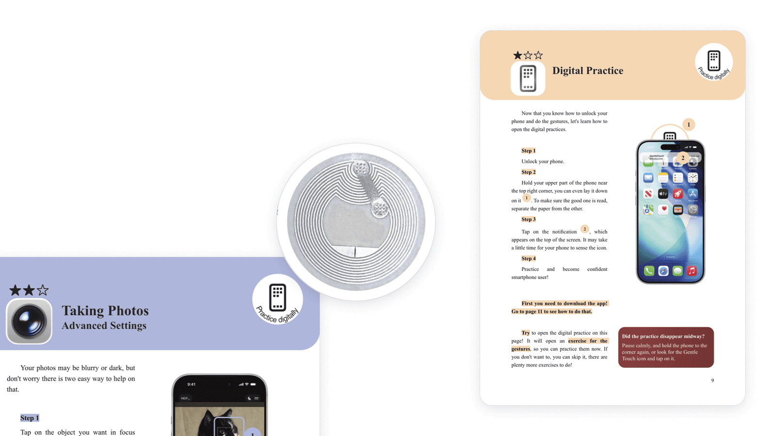 Phone tapping the NFC sticker on the back of the booklet