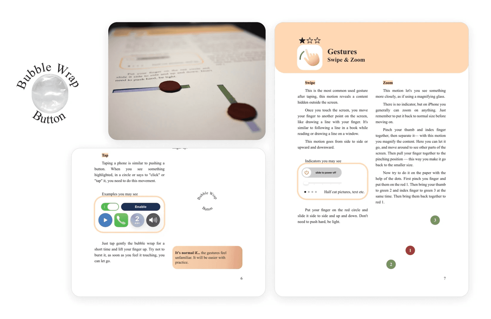 Two-page spread teaching gestures through physical practice
