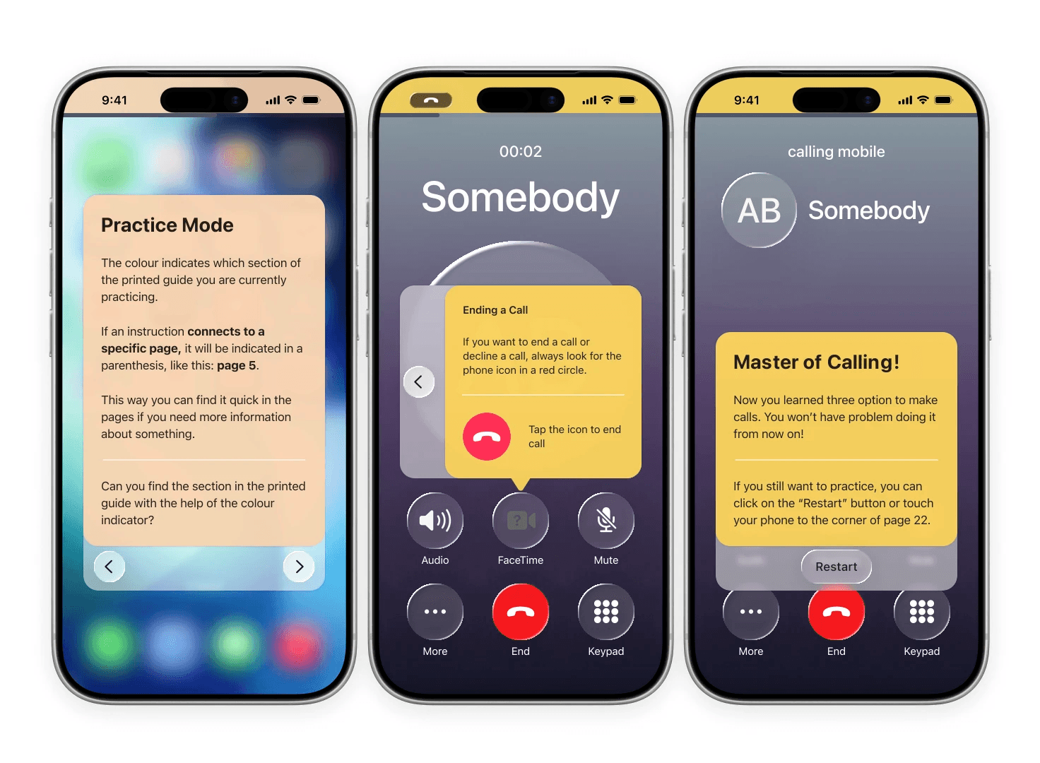 App screens: onboarding, icon lookup and reassuring end message