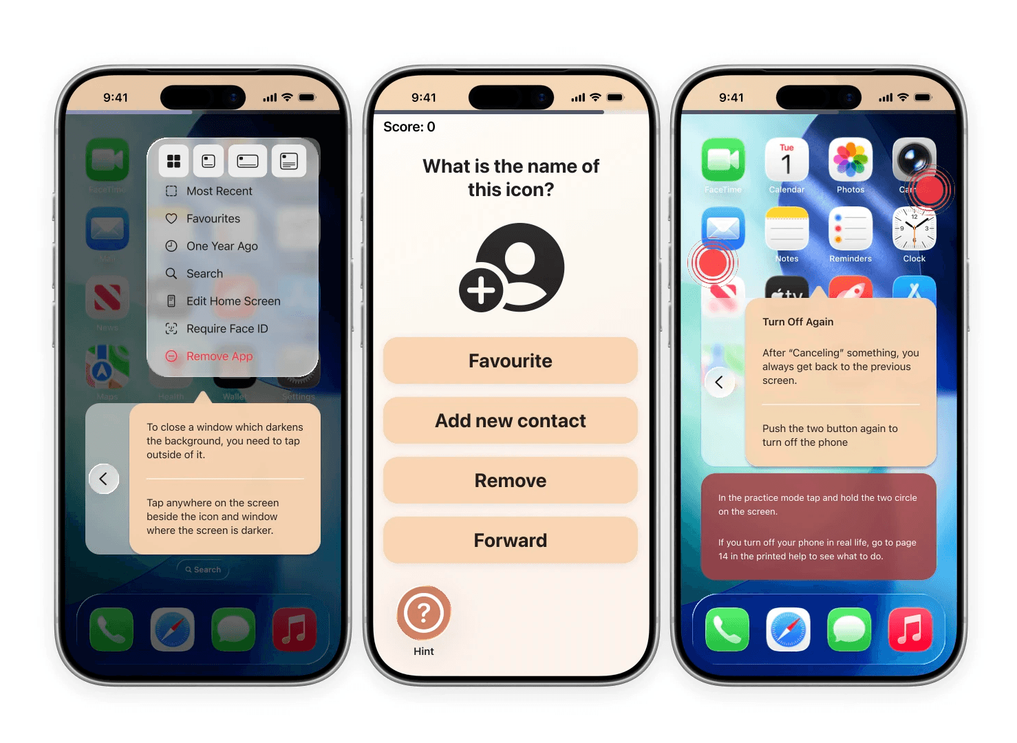 App screens: gesture practice, icon game and warning message