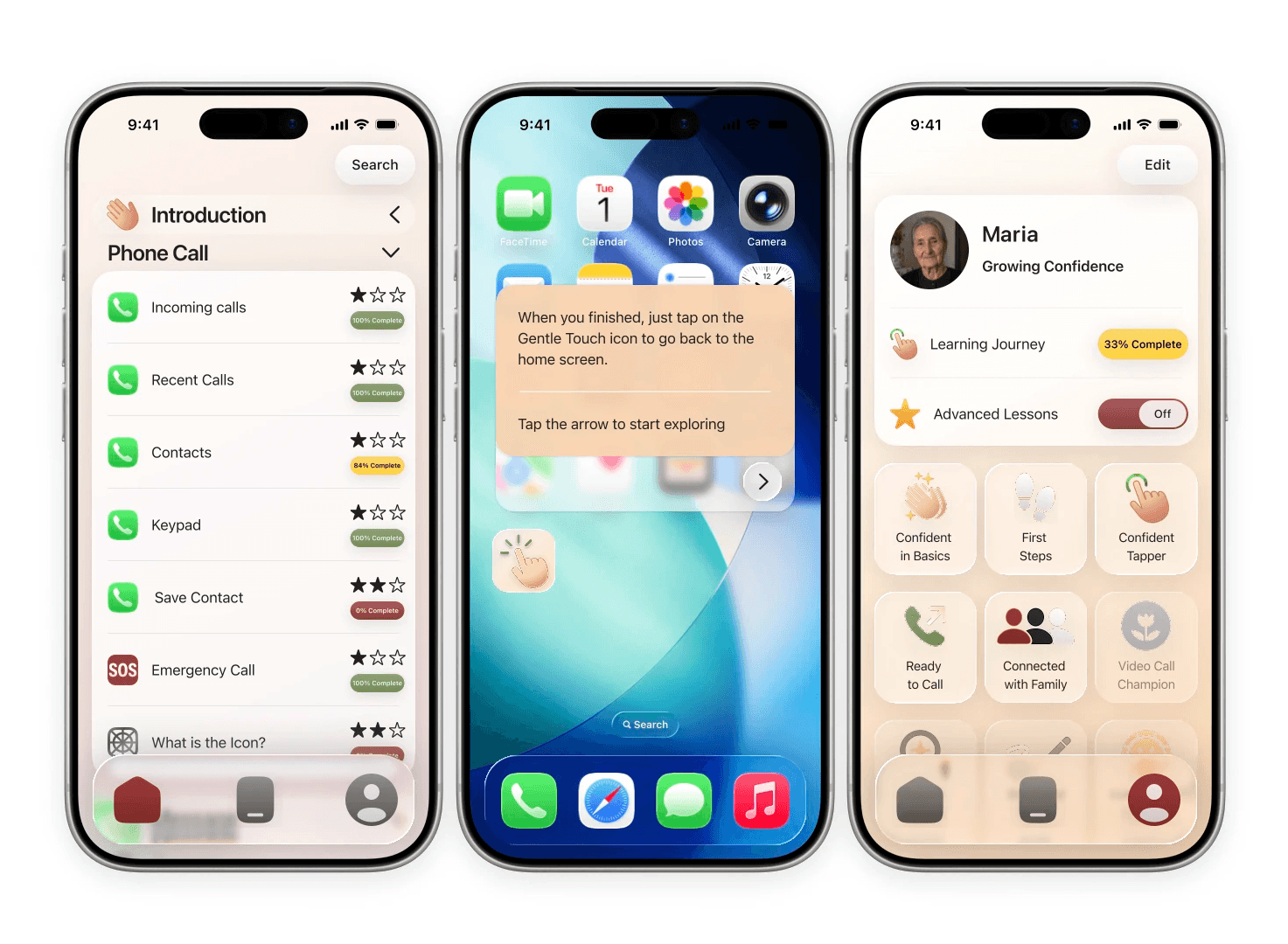 App home screen, free exploration mode and profile with achievements
