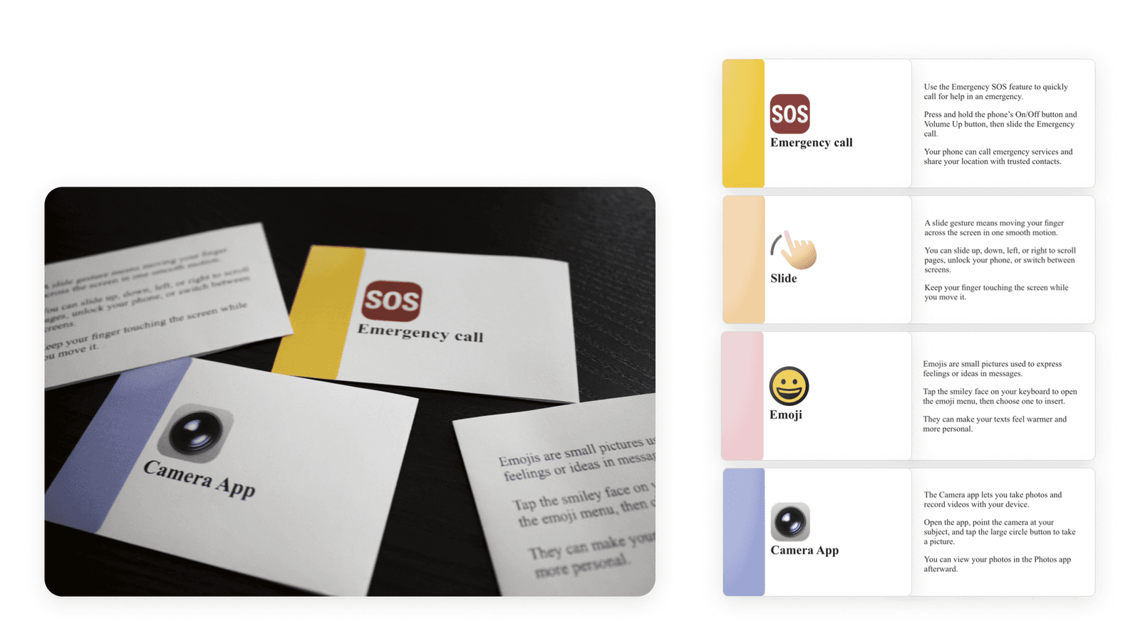 Printed flashcards with icons and gestures