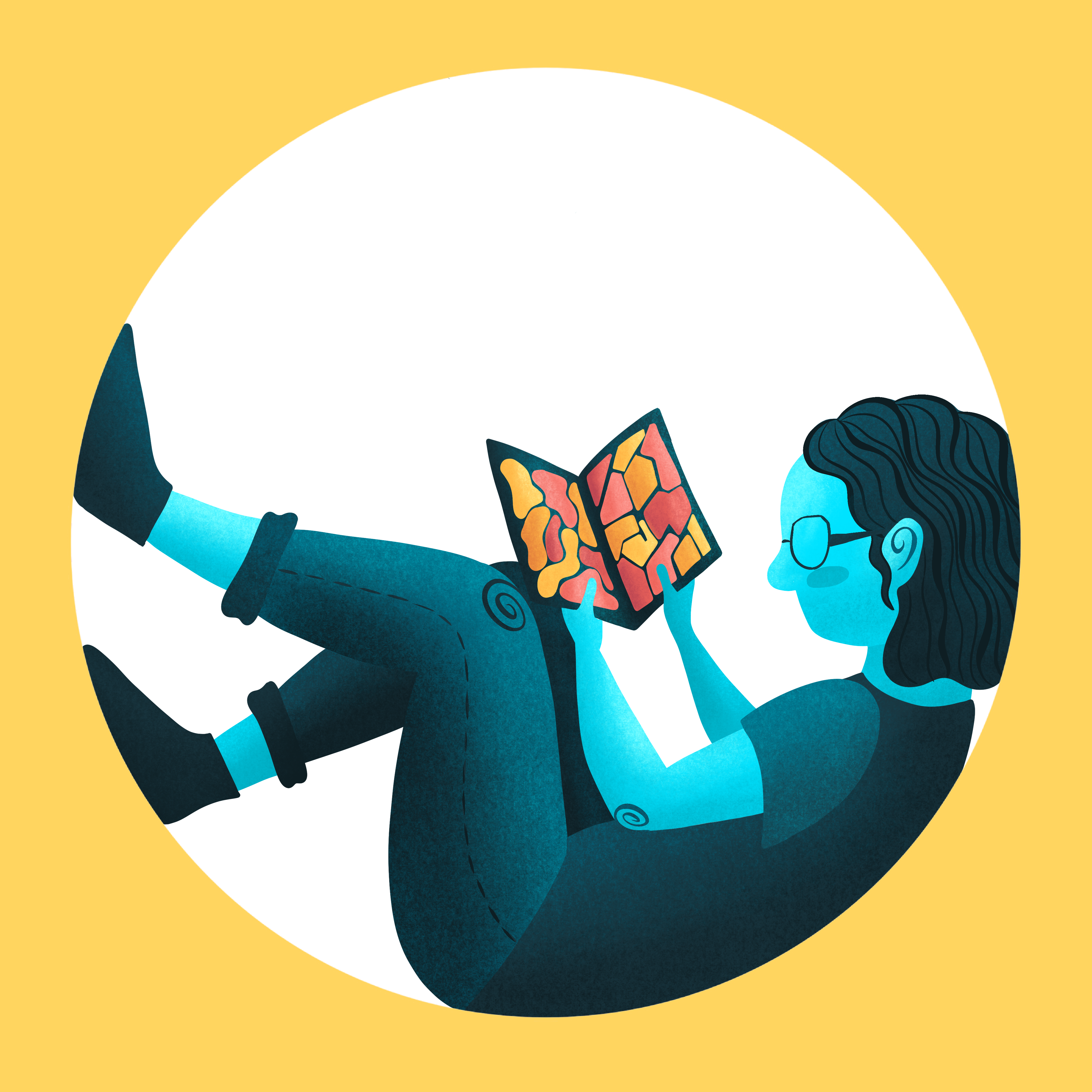 Illustration of a person with glasses and curly hair, relaxing while reading a colourful book