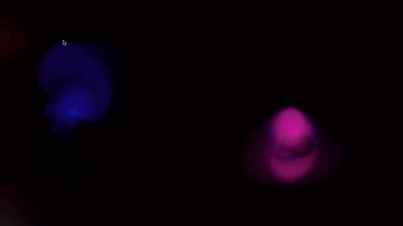 Two glowing colour blobs, blue and pink, moving on a dark background