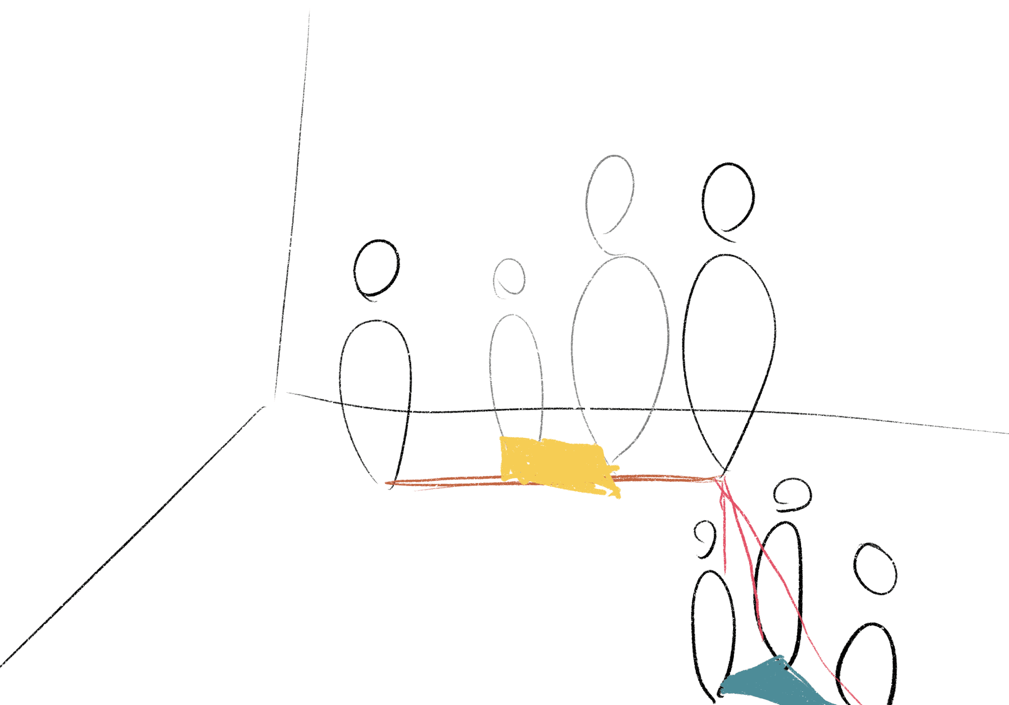 Sketch of people standing in a room with their paths projected on the floor