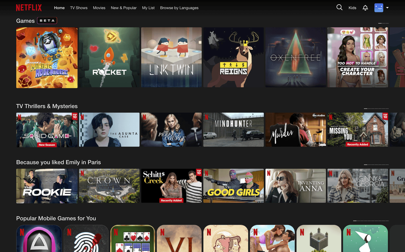 Netflix home screen with rows of shows