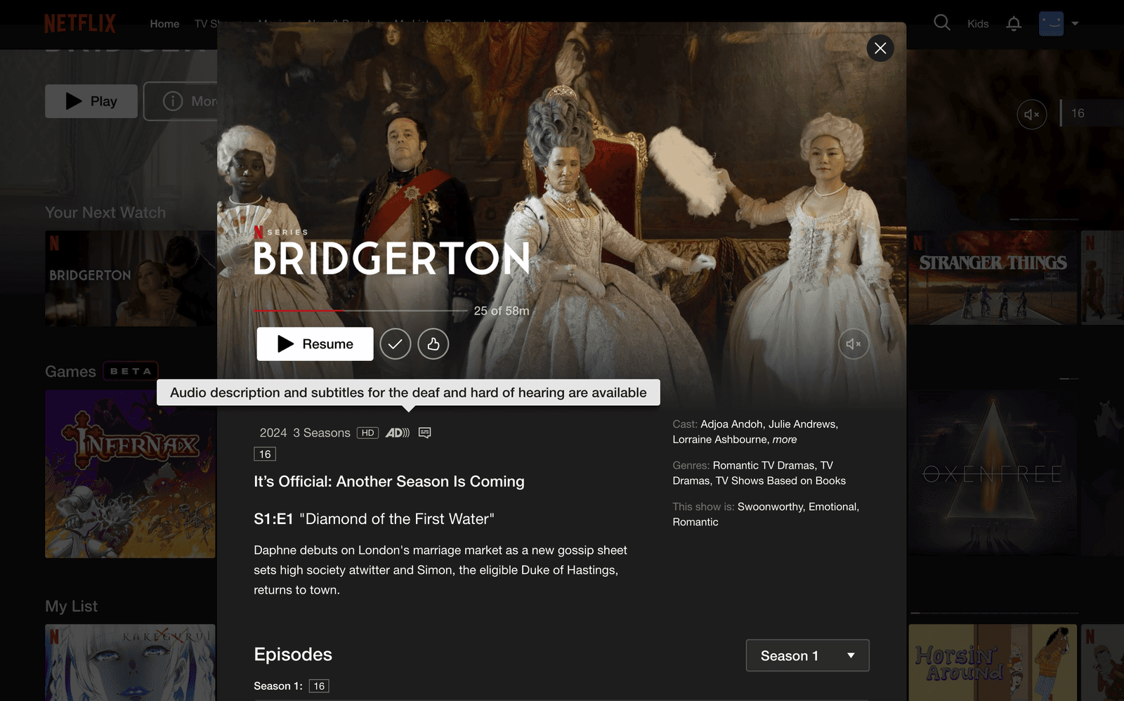 Netflix title page with a small audio description icon
