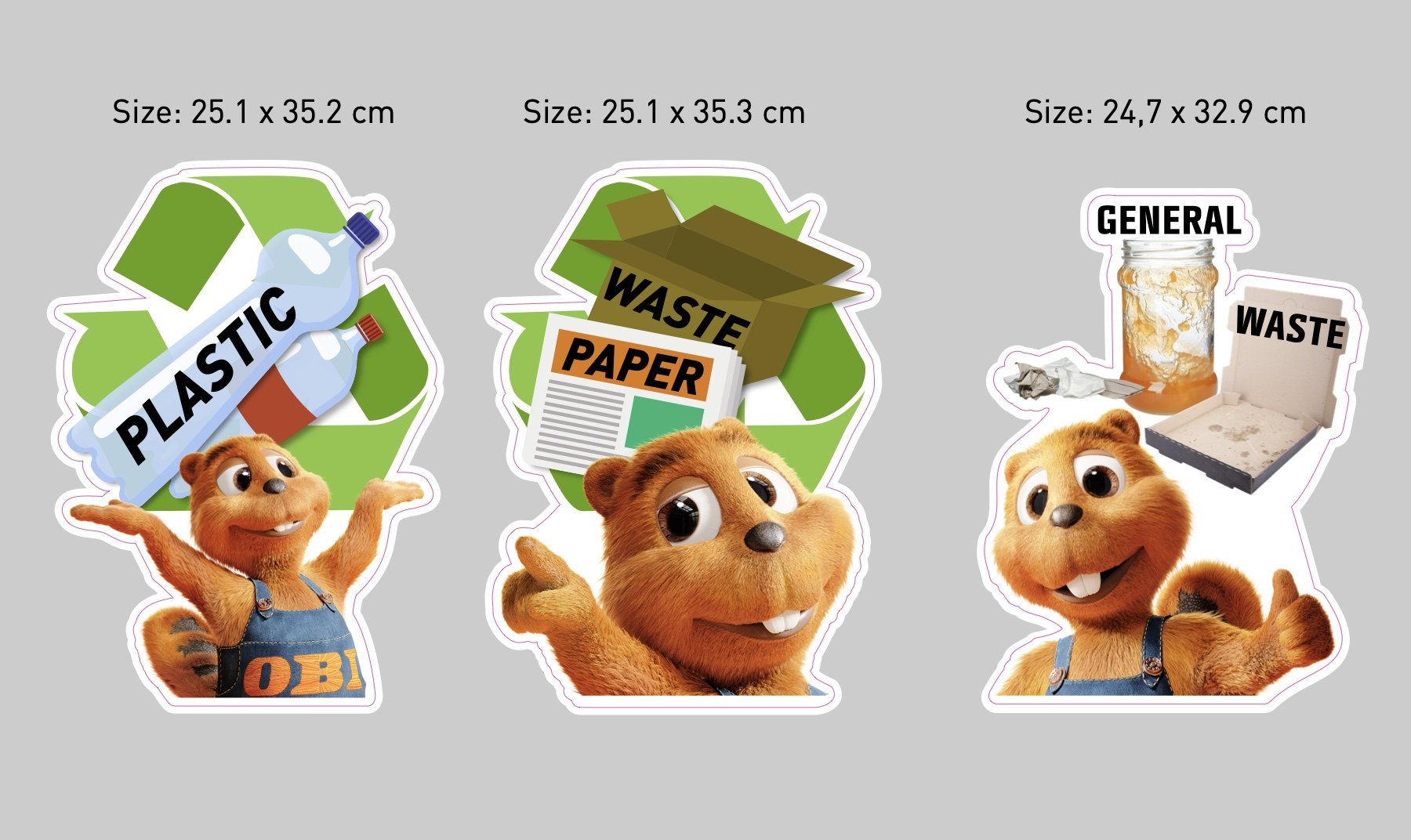 Recycling bin stickers with a beaver mascot for plastic, paper and general waste