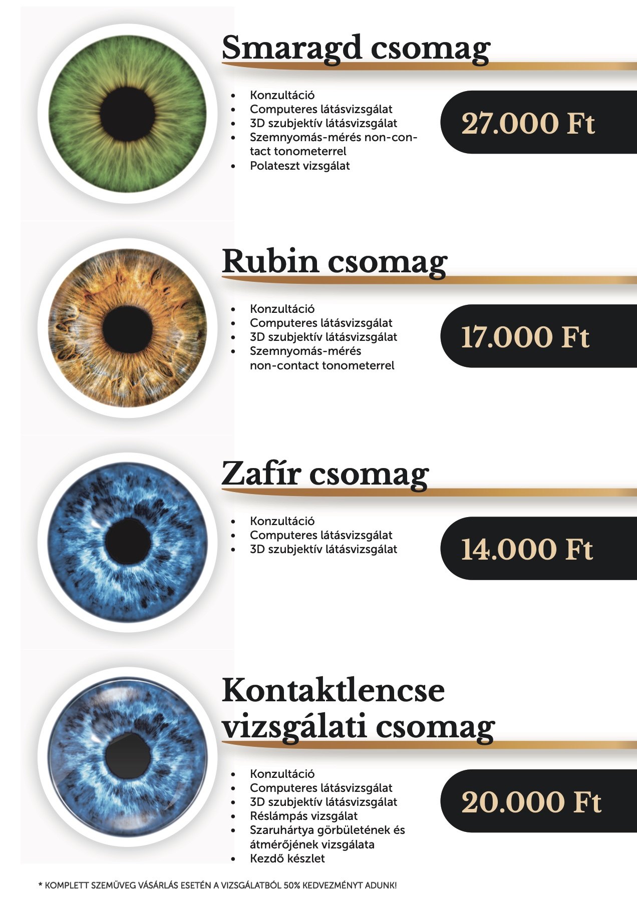 Price list of eye examination packages named Emerald, Ruby and Sapphire