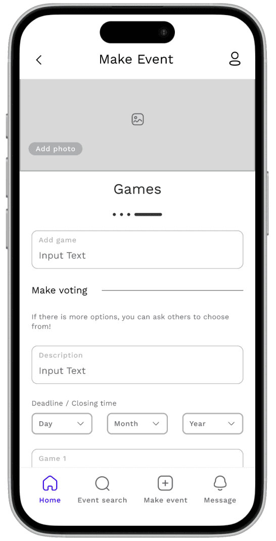 Wireframe: add games and voting to an event
