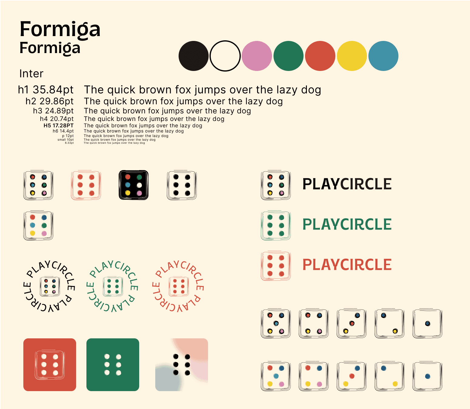 PlayCircle branding: Formiga and Inter typefaces, colour palette, dice logo and icons
