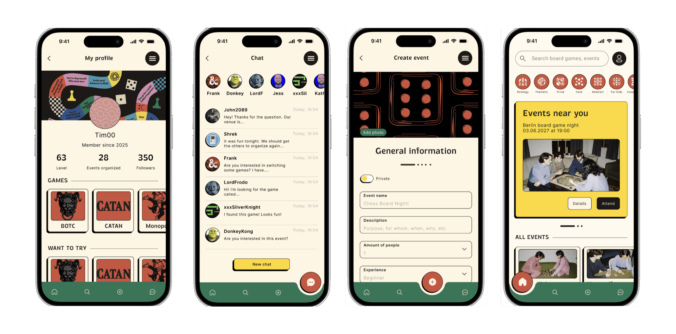 Four PlayCircle screens: profile, chat, event creation and events near you