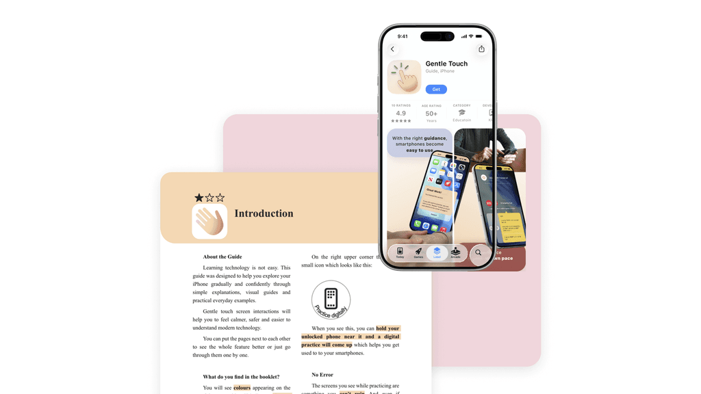 Gentle Touch learning booklet next to a phone showing the app