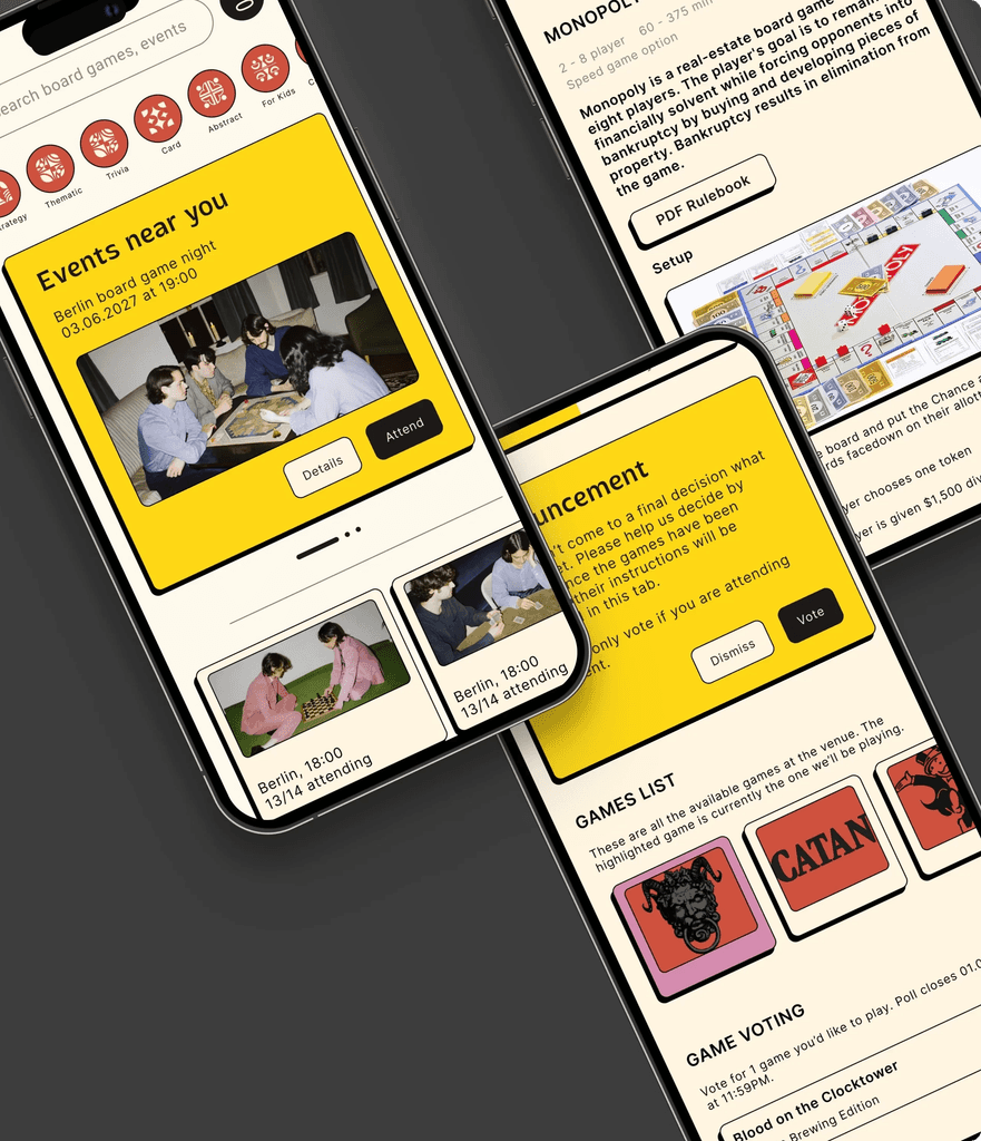 Phone screens of a board game events app