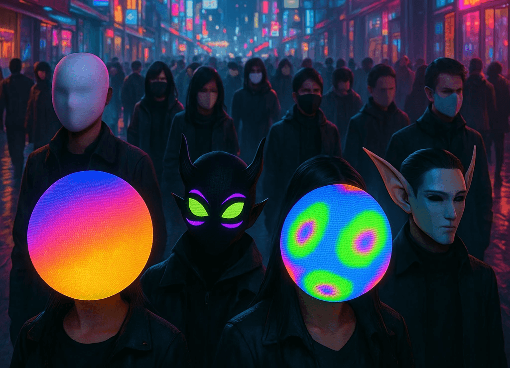 Crowd on a neon-lit street, some faces replaced by glowing coloured orbs and masks