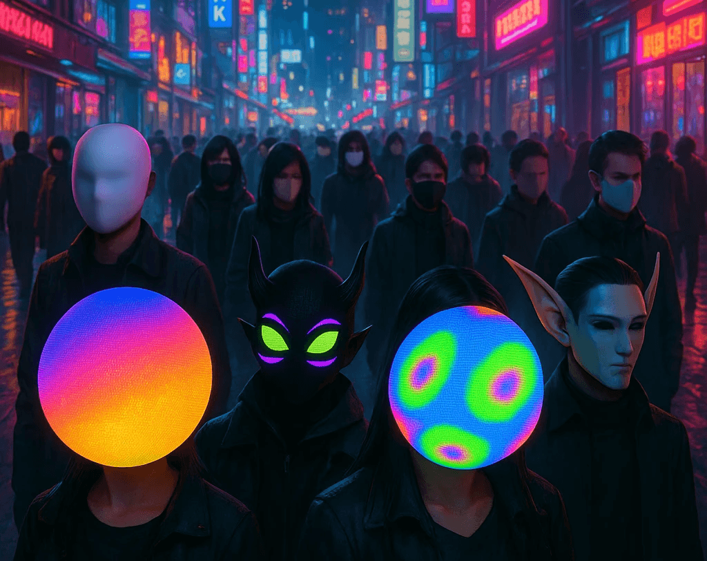 Crowd on a neon-lit street, some faces replaced by glowing coloured orbs and masks