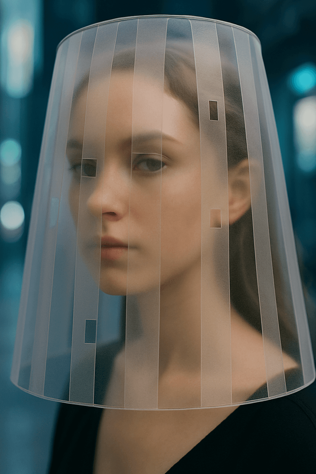 A woman wearing the translucent striped veil