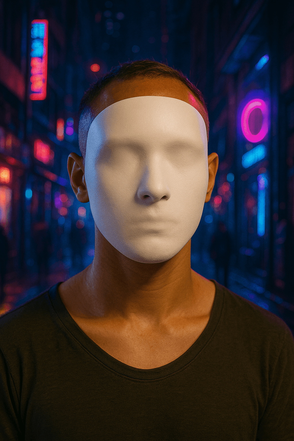 A man wearing the smooth white base mask