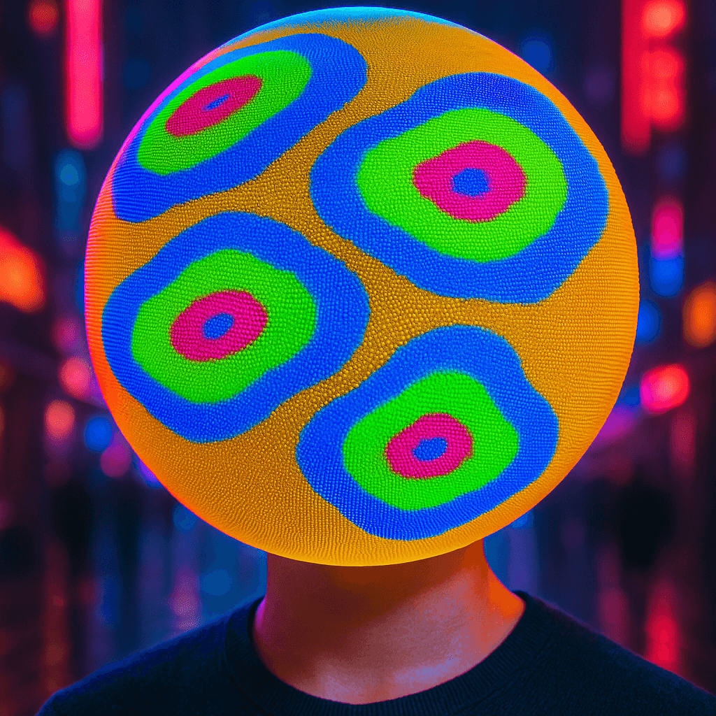 A person whose head is a glowing patterned sphere