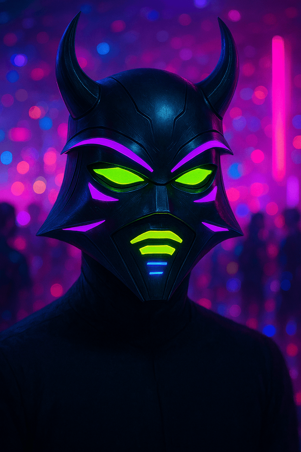 A horned black mask with glowing green details