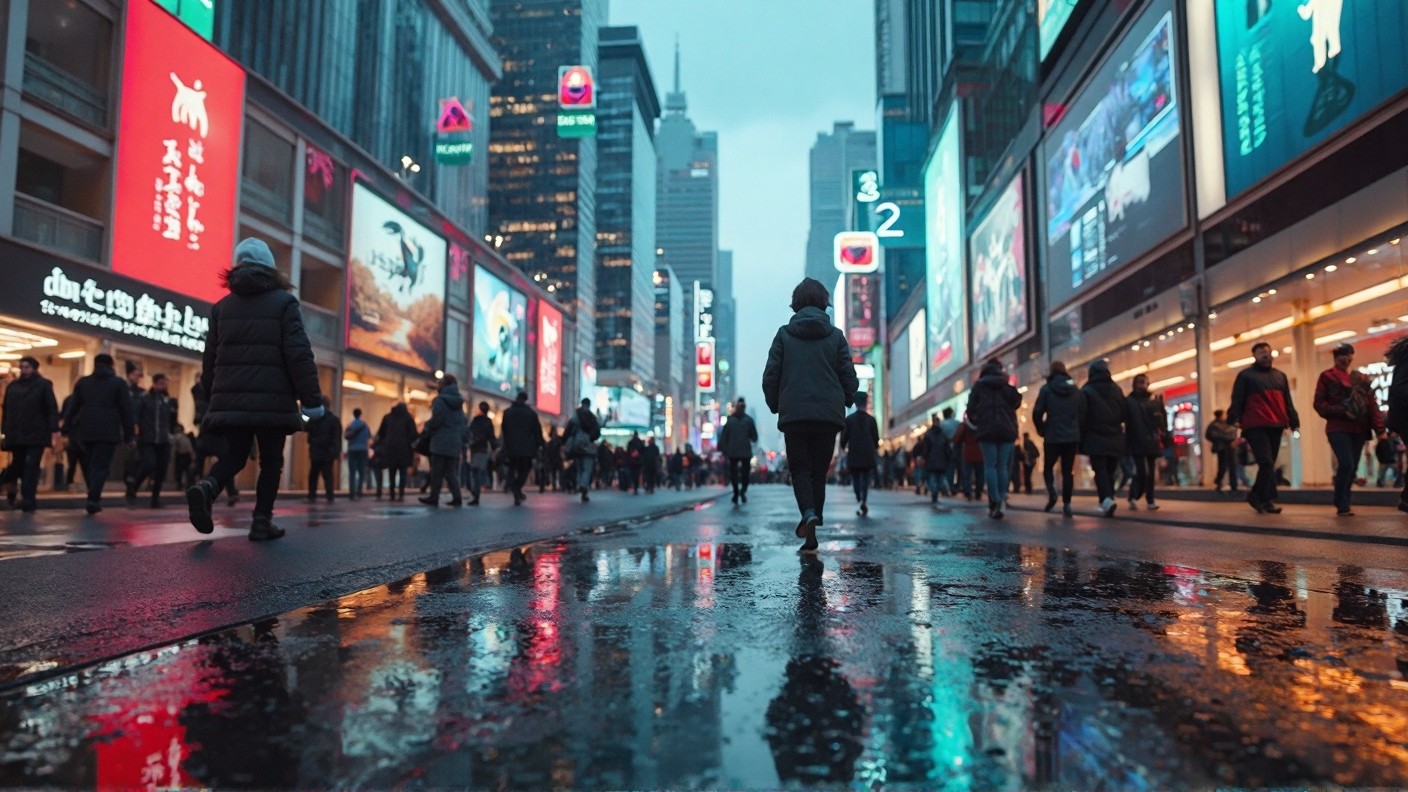 A crowded rainy city street at night