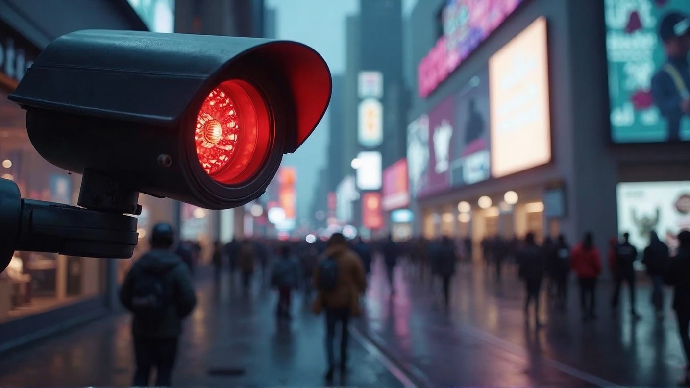 A red-lit surveillance camera above the street