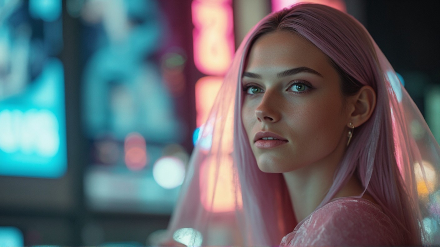 A woman with pink hair looking at the camera