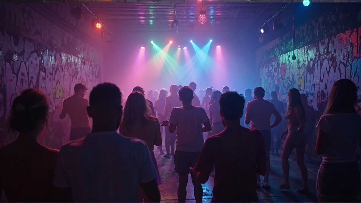 A crowded underground club with coloured lights