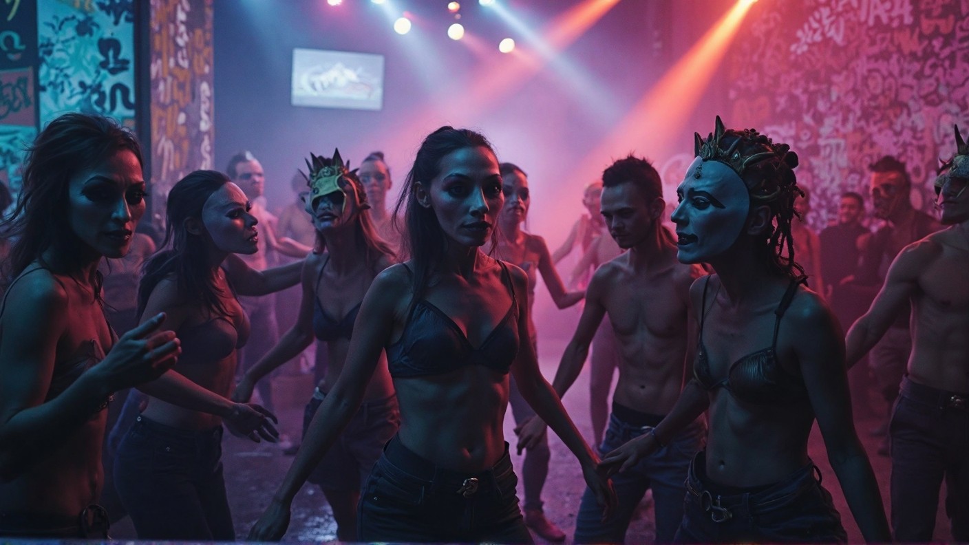 Dancers wearing bizarre masks