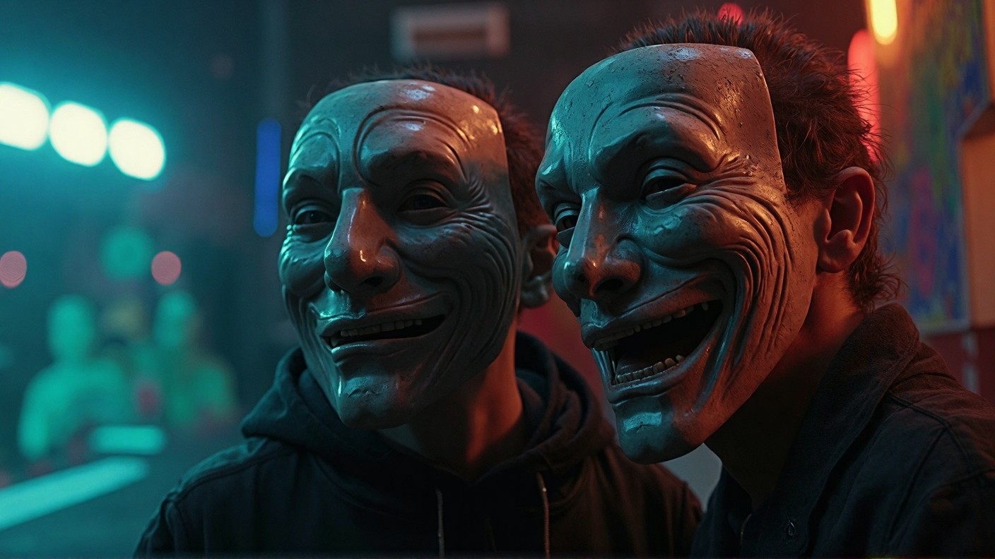 Two people smiling behind grinning masks