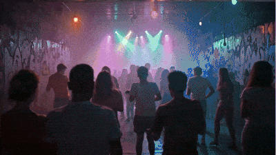 Animated club scene with flashing lights