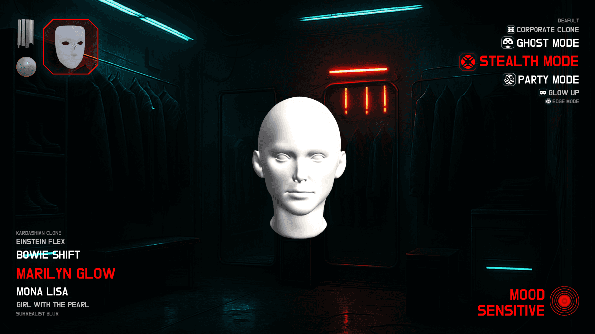 Mask interface with a white head model and preset lists such as Ghost mode, Stealth mode and Mood sensitive